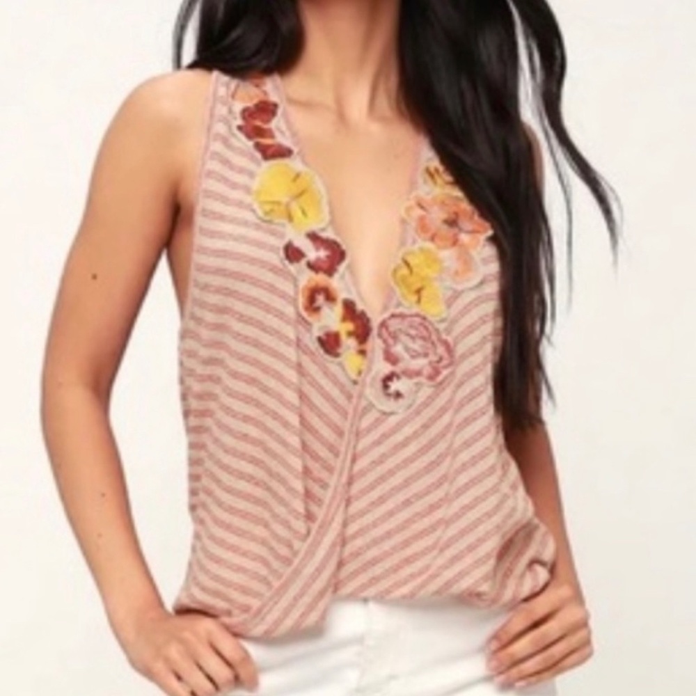 Free People Frida Floral Surplice Neck Striped Tank stop